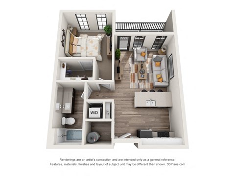 Floor plan for 1 bed, 1 bath, 635 sqft